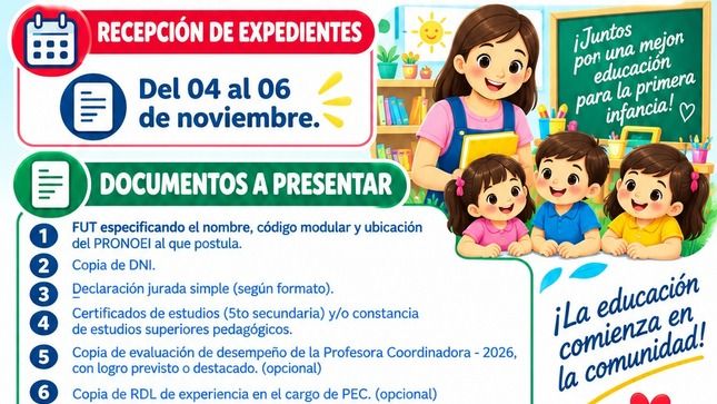 UGEL Coronel Portillo convoca promotoras para 65 PRONOEI en Ucayali para 2027