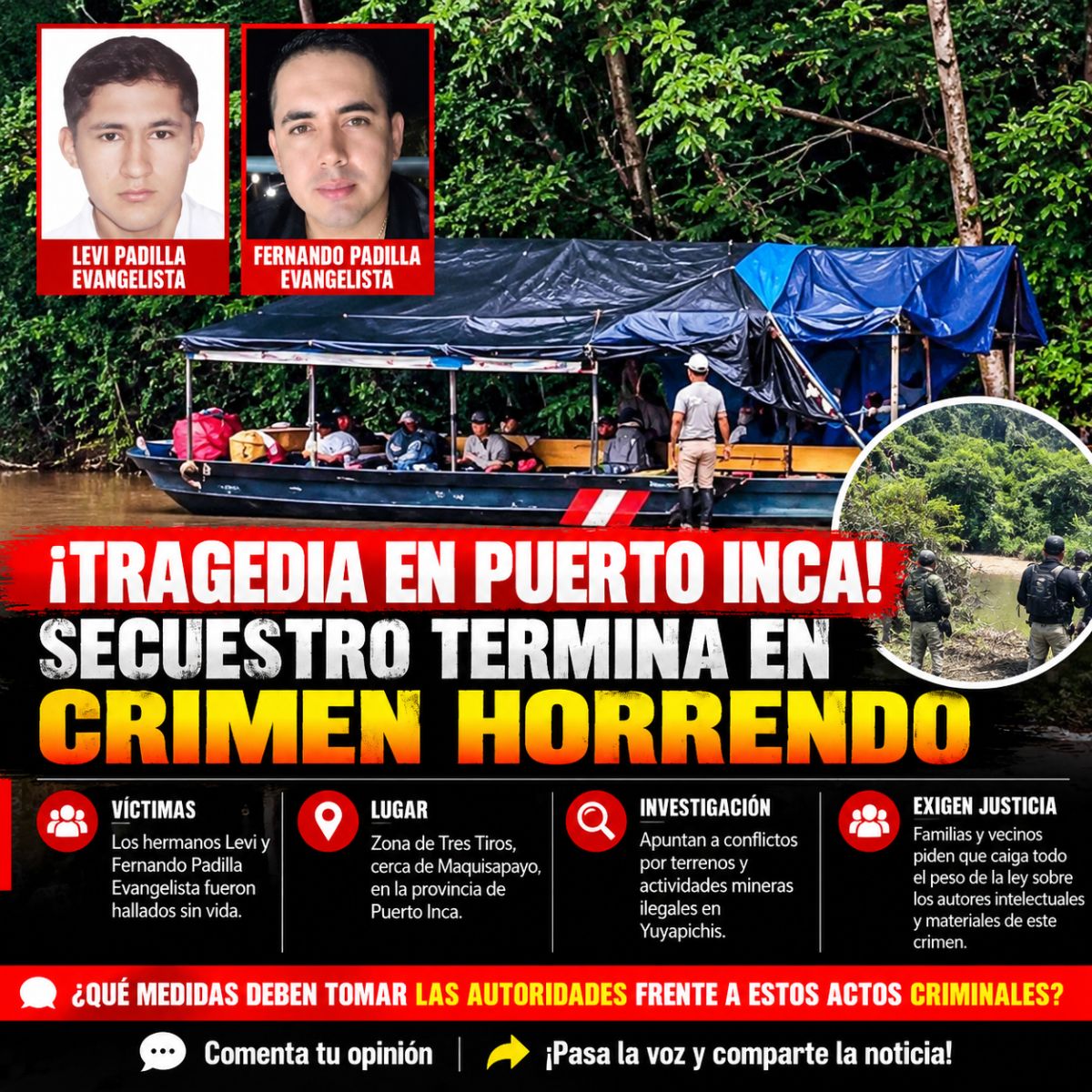 Reportan en redes que dos hermanos secuestrados fueron hallados sin vida en Puerto Inca
